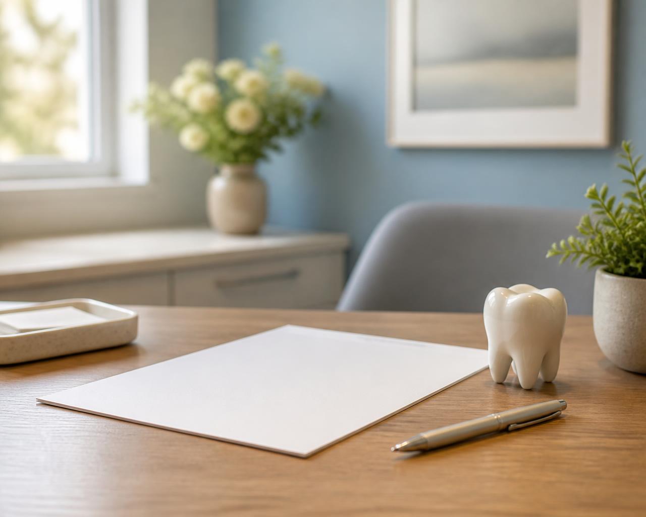 A written treatment estimate and pen on a desk in a calm dental office